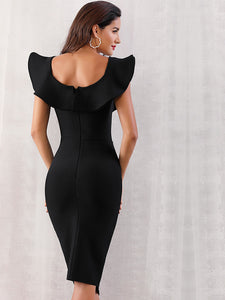 Adyce Zip Back Ruffle Trim Slit Hem Pencil Dress