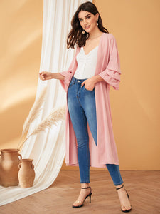 Gathered Sleeve Self Belted Semi Sheer Coat