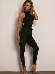 Joyfunear Lace Up Backless Skinny Halter Jumpsuit