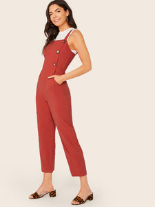 Buttoned Front Slant Pocket Pinafore Jumpsuit