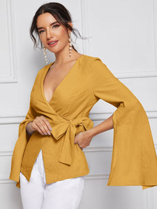 Bell Split Sleeve Surplice Neck Knot Blazer