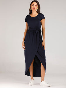 Belted Tulip Hem Solid Wrap Dress