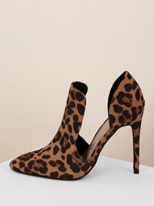 Leopard Open Shank High Vamp Pointy Tie Pumps