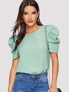 Button Keyhole Back Puff Sleeve Top