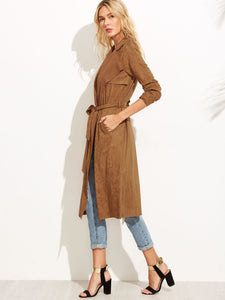 Brown Suede Self Tie Duster Coat