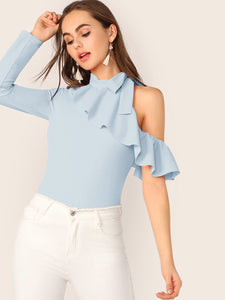 Tie Neck Cold Shoulder Ruffle Trim Top