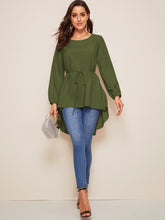 Load image into Gallery viewer, High Low Bishop Sleeve Drop Shoulder Belted Blouse