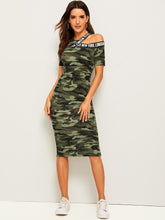 Load image into Gallery viewer, Asymmetrical Shoulder Letter Tape Camo Dress