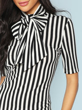 Load image into Gallery viewer, Bow Tie Neck Vertical Striped Bodycon Dress