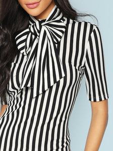 Bow Tie Neck Vertical Striped Bodycon Dress