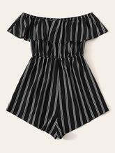 Load image into Gallery viewer, Off Shoulder Flounce Trim Striped Romper