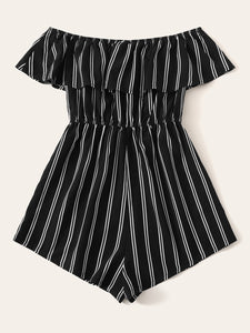 Off Shoulder Flounce Trim Striped Romper