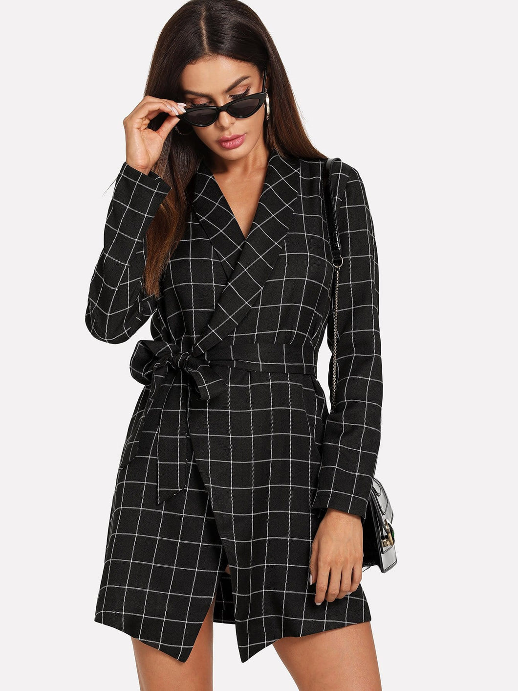 Shawl Collar Self Tie Wrap Grid Coat