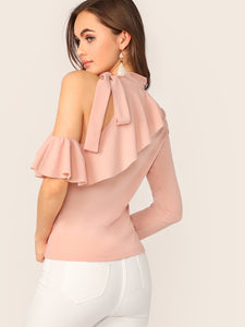 Tie Neck Cold Shoulder Ruffle Trim Top