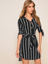 Load image into Gallery viewer, Striped Knot Cuff Belted Shirt Dress