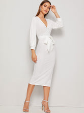 Load image into Gallery viewer, Self Belted Split Hem Surplice Wrap Dress