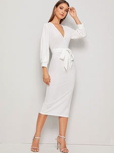 Self Belted Split Hem Surplice Wrap Dress