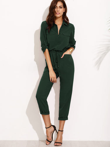 Tie Waist Rolled Sleeve Equipment Jumpsuit