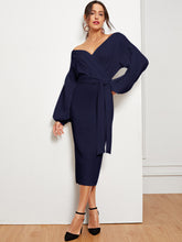 Load image into Gallery viewer, Blouson Sleeve Slit Hem Surplice Bardot Dress