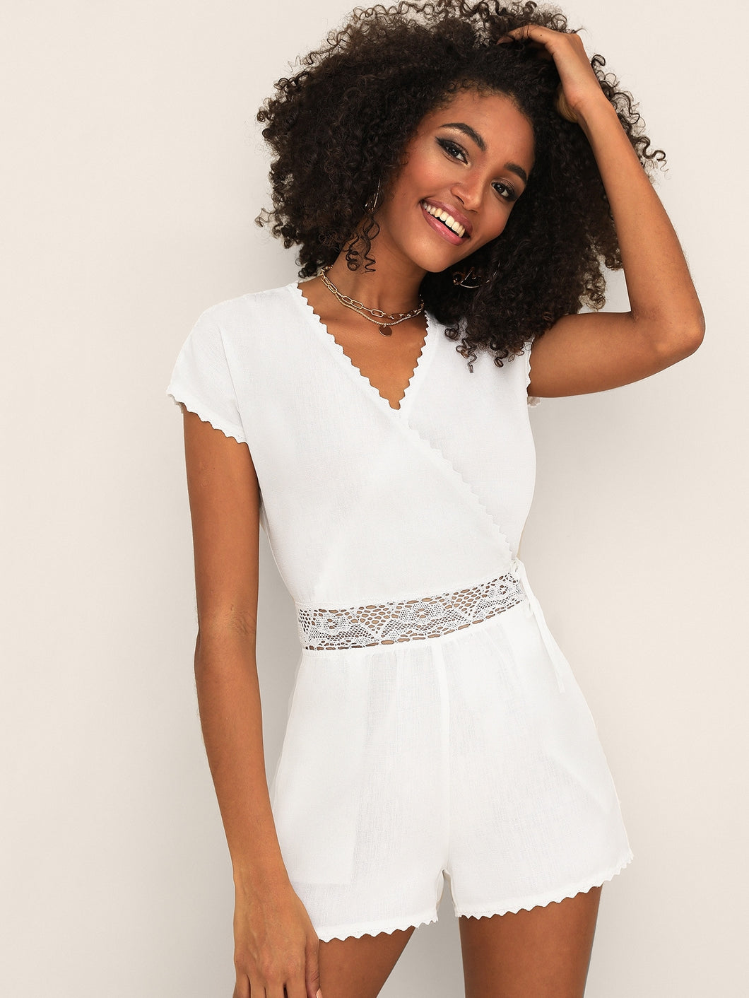 Lace Insert Surplice Front Solid Romper