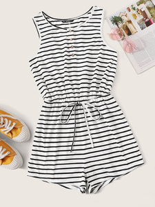 Button Half Placket Tie Front Striped Romper