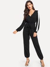 Load image into Gallery viewer, Surplice Neck Self Belted Colorblock Jumpsuit