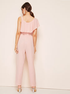 Asymmetrical Neck Ruffle Foldover Self Belted Jumpsuit