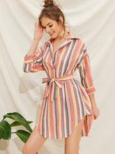 Load image into Gallery viewer, Colorful Striped Belted Notched Shirt Dress