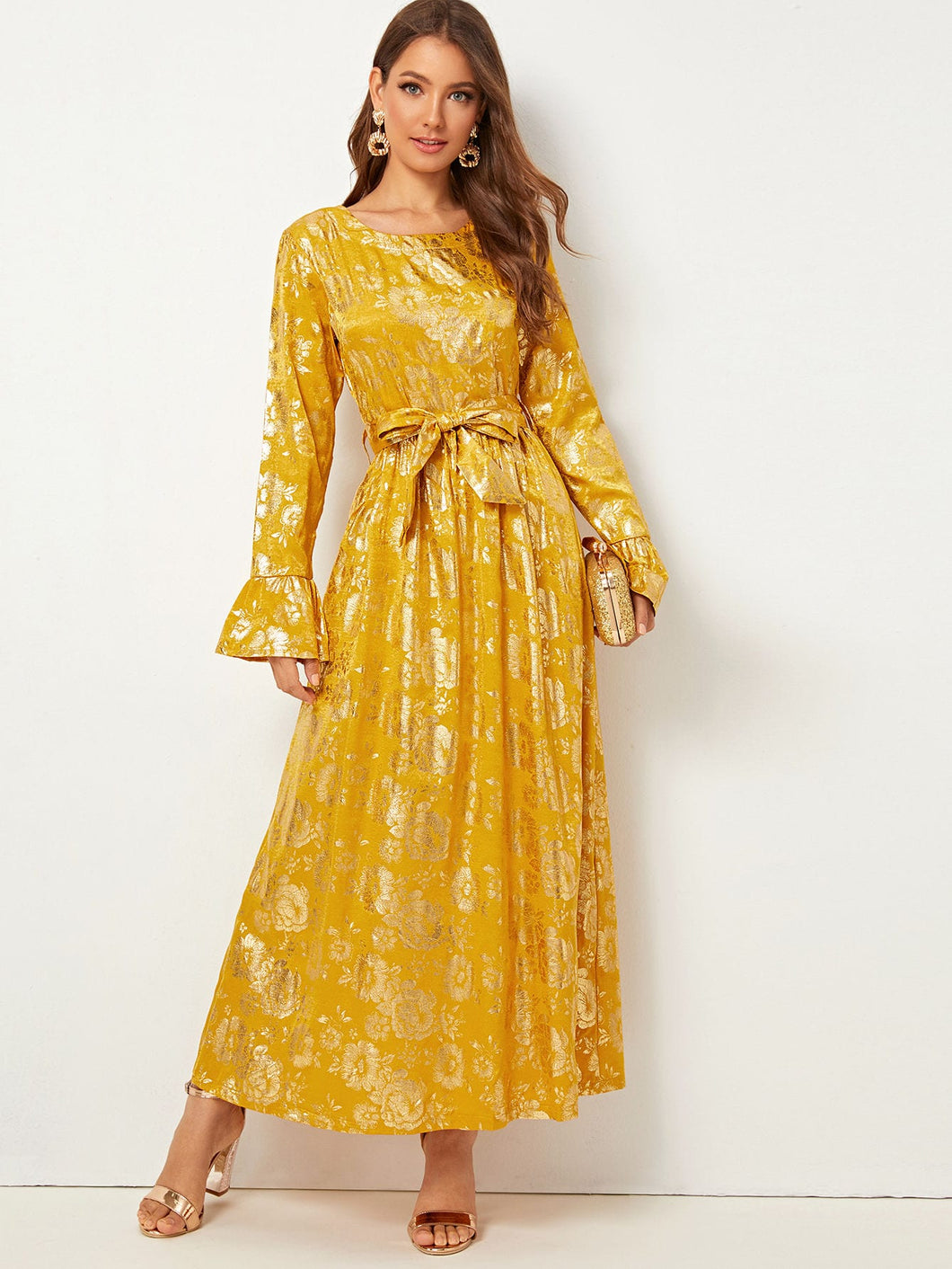 Bell Sleeve Tie Waist Jacquard Longline Dress