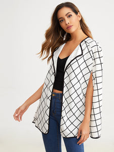 Open Front Contrast Binding Grid Capes Coat