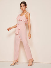 Load image into Gallery viewer, Asymmetrical Neck Ruffle Foldover Self Belted Jumpsuit