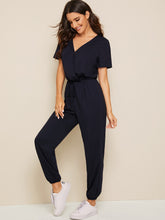 Load image into Gallery viewer, Solid Drawstring Waist Surplice Neck Jumpsuit