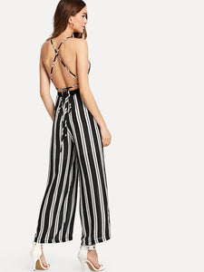 Backless Criss Cross Back Striped Cami Romper