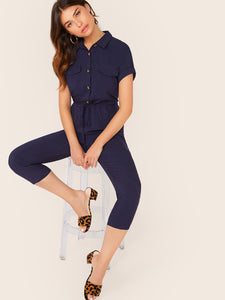 Drawstring Waist Roll Tab Sleeve Shirt Jumpsuit