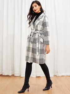 Self Tie Plaid Pocket Side Coat