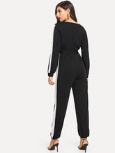 Load image into Gallery viewer, Surplice Neck Self Belted Colorblock Jumpsuit