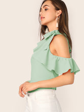 Load image into Gallery viewer, Tie Neck Cold Shoulder Ruffle Trim Top