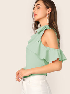 Tie Neck Cold Shoulder Ruffle Trim Top