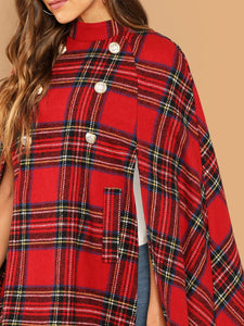 Double Button Plaid Cape Coat