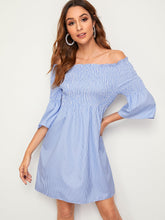 Load image into Gallery viewer, Bardot Flounce Sleeve Striped Frill Trim Shirred Dress