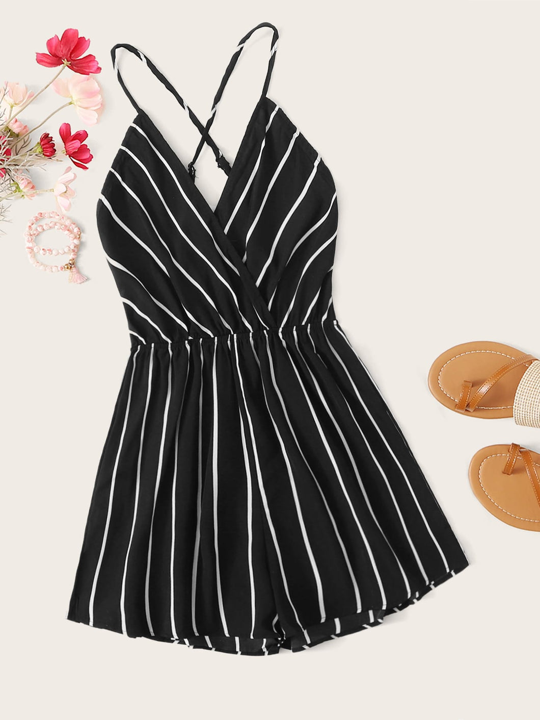 Striped Criss-cross Backless Surplice Neck Romper