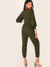 Load image into Gallery viewer, V-neck Shirred Cuff O-ring Belted Jumpsuit