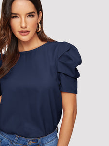 Button Keyhole Back Puff Sleeve Top