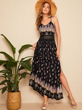 Load image into Gallery viewer, Lace Detail Waist Tribal Split Thigh Slip Dress