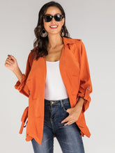 Load image into Gallery viewer, Neon Orange Waterfall Collar Double Button Belted Coat