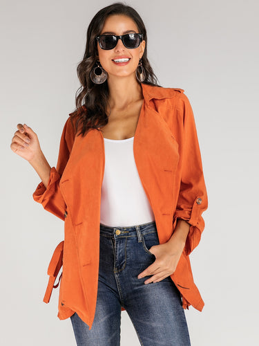 Neon Orange Waterfall Collar Double Button Belted Coat