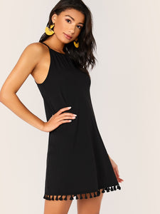 Solid Tassel Hem Tie Back Halter Dress