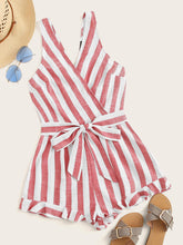 Load image into Gallery viewer, Surplice Neck Ruffle Hem Belted Striped Romper