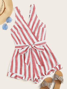 Surplice Neck Ruffle Hem Belted Striped Romper