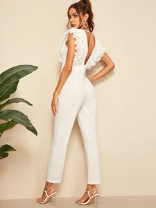 Deep V Neck Layered Pleated Ruffle Trim Jumpsuit